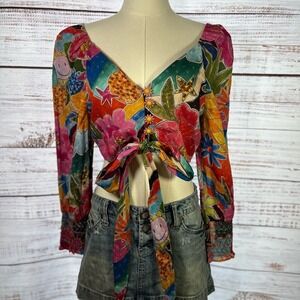 NWT Anthropologie FARM Rio‎ Graphic Pink and Orange 3/4 Sleeve Cropped Blouse